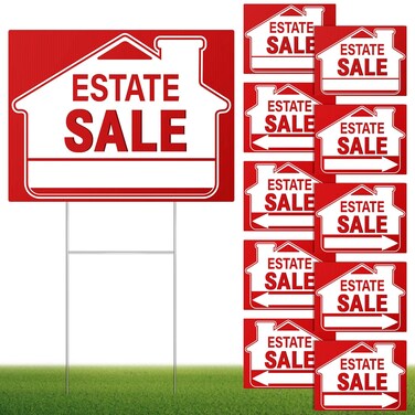 [10 Pack] Estate Sale Signs Set,17 x 13 Inch Estate Sale Yard Signs with Double Sided, Estate Sale Arrows Signs with Metal H Stakes,Property Sale Directional Arrows Signs,WEATHER-PROOF red