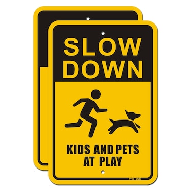 Slow Down Kids and Pets at Play Signs, 18" x 12" Children Playing Neighborhood Safety Sign for Street, Reflective Driveway Yard Sign, 40Mil Rust Free Aluminum Weather Resistant&hellip;