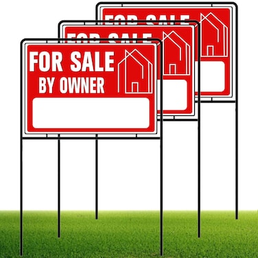 For Sale By Owner Yard Sign with Stakes, 30 inches High, Double-Sided Printing, For Sale By Owner Signs for Real Estate, Yard Sign for Home House Real Estate, (3 Pack)