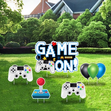 Game On Video Game Yard Signs with Stakes &ndash; Includes game remote control stick and Balloon Signs&ndash; Weather-Resistant Signs and Stakes-Boy Birthday Party Decoration-5PCS