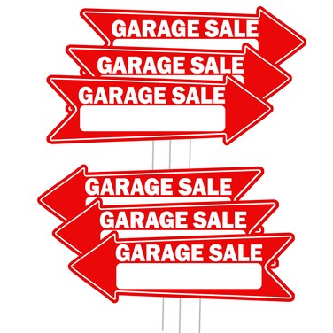 6 PC Garage Sale Arrows Yard Sign Double Sided With Stake Large 16 Inch By 5 Inch Arrow Red
