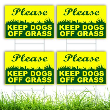 4PCs Keep Dogs Off Grass Sign with Stake - Double Sided 6x9 Keep Off Grass Sign - Stay Off Grass Sign - No Dogs Allowed Sign - Keep Dogs Off Lawn Sign - No Dogs on Lawn Sign - Curb Your Dog Sign