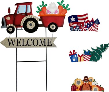 Metal Rustic Interchangeable Truck Yard Stakes with Seasonal Signs Decor for 4th of July Fall Harvest Christmas Winter Holidays Decoration-Set of 4
