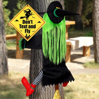 Halloween Decorations Outdoor - Crashing Witch Decor into Tree with Don&rsquo;t Text and Fly Warning Sign Hallowmas Outdoor Yard Hanging Decor