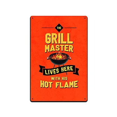 JP's Parcels Tin Signs Backyard Patio Decor-Metal Sign 12 x 8 in. The Grill Master Lives Here with His Hot Flame