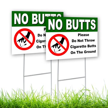 2 PC No Cigarette Butts Signs - 12 x 9 Coroplast No Butts Signage with Stake - No Littering Sign Outdoor - Please Do Not Throw Cigarette Butt Signs