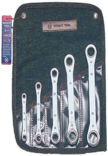 Wright Tool 9439 Ratchet Box Wrench Set with Denium Tool Roll (5-Piece), Silver