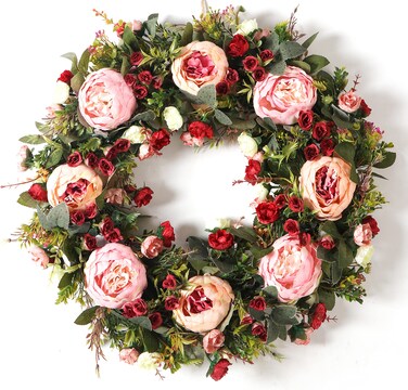 Peony Spring Wreath for Front Door 24inch Handmade Pink Artificial Floral Wreath Summer Wreath for Front Door Wall Windows Deco(Large)