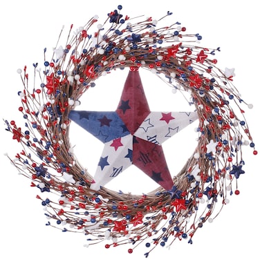 LLZLL 20Inch Patriotic Wreaths for Front Door 4th of July Handmade Red White and Blue Berry Wreath Fourth of July Memorial Day Independence Day Patriotic Wreath for Front Door Decorations (Stars)