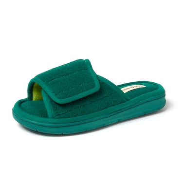 Dearfoams Women's Adjustable Indoor/Outdoor Machine Washable Memory Foam Slide Slipper, Deep Green Terry, 7-8