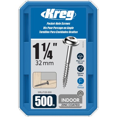 Kreg SML-F125-500 Zinc Pocket Screws, 1 1/4 Inch, 7 Fine Thread, Maxi-Loc Head (500 Count)