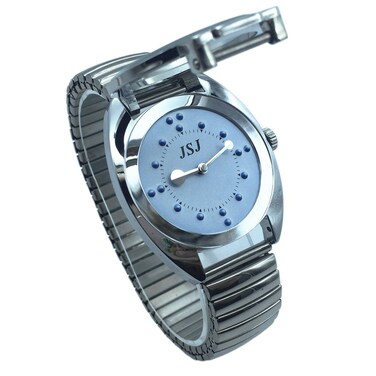 Stainless Steel Tactile Watch for Blind People-Battery Operated(Elastic Strap, Blue)