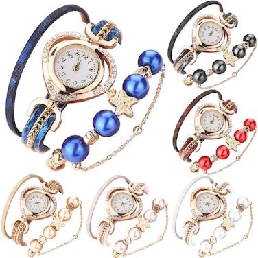 CdyBox Women's 6 Pack Inlay Diamond Pearl Wrist Watches Wrap Around Bracelet Analog Quartz Dress Wrist Watches Gifts