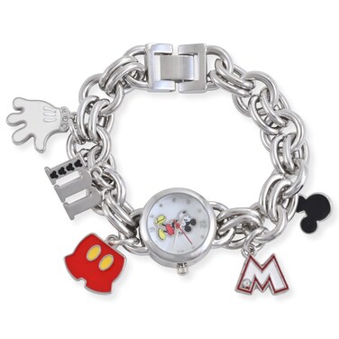 Accutime Disney Mickey Mouse Adult Women's Analog Watch - Mop Dial Silver Charm Bracelet, Glass Dial Face, Round Case, Female, Analog Wrist Watch in Silver (Model: MK2066-AZ)