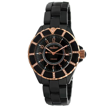 Peugeot Swiss Ladies Black Rose Gold Ceramic Watch PS4893BK