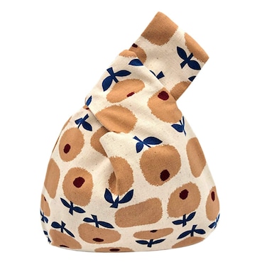 BAR Stylish Cotton Japanese Pattern Wrist Bag Sleeve Knot Pouch Portable Canvas Tote Purse for Female, Women (Brown Apple Flower)