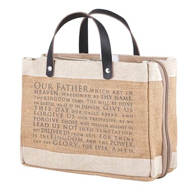 Creative Brands Faithworks-Jute Tote Bible Cover with Leather Handles and Side Compartments, 13 x 11-Inch, Our Father