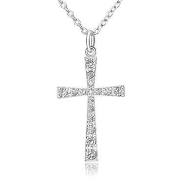 ELEGANZIA Sterling Silver Cross Necklace for Women, Silver Cross Chain with Cubic Zirconia Cross Pendant, Religious Christian Jewelry