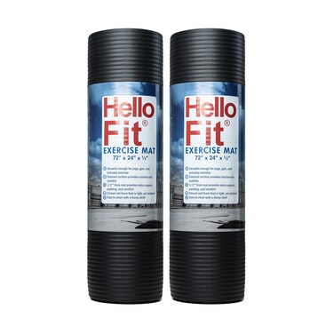 Hello Fit 1/2 Inch Thick Exercise Yoga Mats with Carrying Strap, 72 by 24 Inches, Pack of 2, Bulk Fitness Mat for Yoga, Pilates, or Workout, Non-Slip Rubber Gym Mats, Black