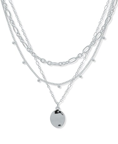 Nine West Silver Tone Multi Row Necklace in 17/18/19" With Silver Accent Pendant