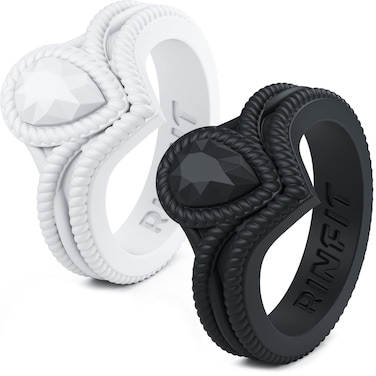 Rinfit Silicone Rings for Women - Pear Engagement Silicone Ring - Womens Rubber Wedding Bands - White &amp; Black Rings - Size 6
