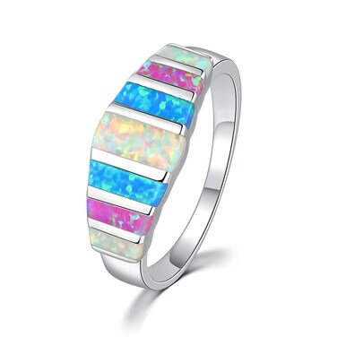 CiNily Women's Opal Rings, Create White Blue Pink Fire Opal Silver Plated Gemstone Ring Size 8
