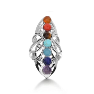 GANGYUN 7 Chakra Stone Bead Finger Rings Reiki Balance Meditation Healing Point Charm Adjustable Yoga Hollow Flower for Women Ring Jewelry (Silver)