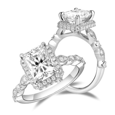 DovEggs Sterling Silver Center 3ct 7X9mm G-H-I Color Radiant Cut Moissanite Hidden Halo Engagement Ring Curved Enhancer Guard Wedding Band with accents for Women, Gold,Silver, Moissanite