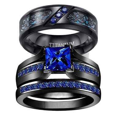 TWO RINGS His Hers Wedding Ring Sets Couples Rings Women's Black Gold Plated Blue Sapphire CZ Wedding Engagement Ring Bridal Sets &amp; Men's Titanium Wedding Band