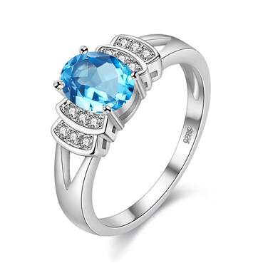 Uloveido Platinum Plated Oval Blue CZ Crystal Anniversary Promise Halo Ring for Women Mom - Wedding Engagement Ring for Bridal Friend Jewelry Gift (size 8) Y3310