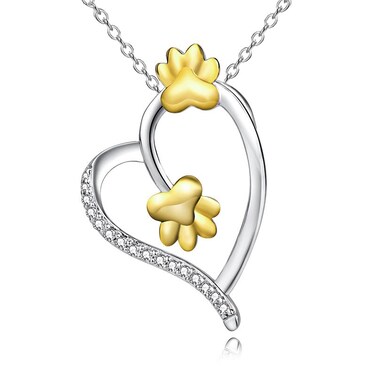 CASOLVX Heart Paw Necklace Gold Dog Paw Necklace Rhinestone Silver Love Heart Paw Print Pendant Necklace Jewelry for Women and Dog Lover