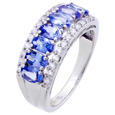 HIDDEN GEMS JEWELRY HGJ 1 Ct Sterling Silver Oval Shape Blue Tanzanite with White Zircon Band Ring Size 5-10