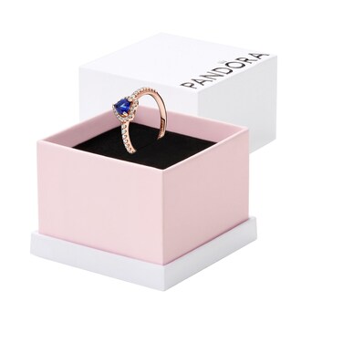 PANDORA Sparkling Blue Elevated Heart Ring - Rose Gold Ring for Women - Layering or Stackable Ring - 14k Rose with Cubic Zirconia - Size 4.5 - With Gift Box