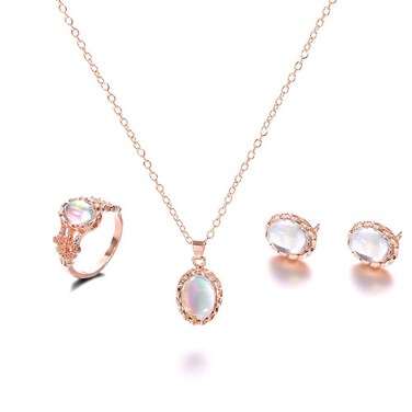 3 PCS Set Rose Gold Plated Women's Wedding Bridal Colored Crystal Ring Necklace Earrings Bohemian Rose Gold Jewelry