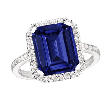 Tirafina Emerald Cut Gemstone Ring, Lab-Created Blue Sapphire and White Sapphire Ring Set in a Sterling Silver Band, Emerald Cut Birthstone Rings, Silver Jewelry, Rings for Women (10x8 mm stone)