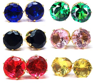 14K Gold Plated Birthstone Stud Earrings Stainless Steel CZ Stud Earrings for Women, Coloful Round Cubic Zirconia Stud Earrings, CZ Earrings Set 6mm