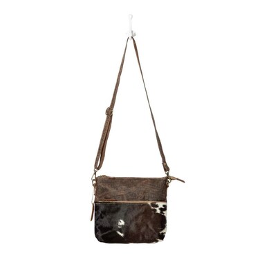 Myra Bag Point Rock Cowhide Purse - Western Purses for Women, Bourbon Chocolate Leather with Cow Print Hairon Cross Body
