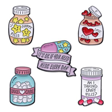 Cartoon Stars Happy Pill Brooch Bottle Enamel Pin Take Care Pill Bottle Enamel Pin Set Love Pill It's OK If You Need Meds Every Day Brooch Badge Creative Cute Pills Medicine Bottle Lapel Pin women
