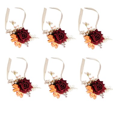 Ansofi Wrist Corsage Wristlet Band Bracelet for Women Bride Bridesmaid, Burgundy &amp; Burnt Orange Corsages for Wedding Set of 6&hellip;
