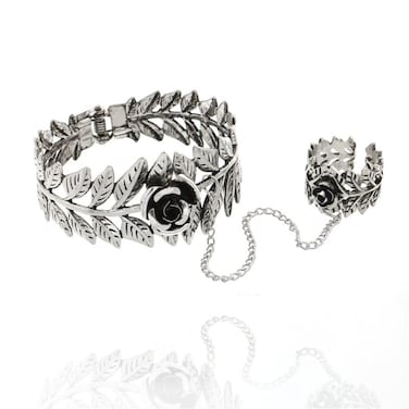 Asphire Gothic Leaf Vine Bracelet with Finger Ring Retro Silver Rose Slave Bracelet Punk Hip Hop Hand Finger Chain Harness Bracelet Jewelry for Women