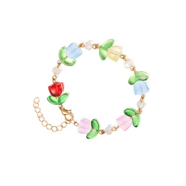JHJEWH Tulip Flower Bracelet,Bead Bracelets,Tulip Flower Jewelry,Tulip Bunga,Crystal Tulip Bracelet,Flower Bracelet,Beaded Jewelry,Cute Flower Bracelet Garden Botanical Bracelet Gift for Mothers Day