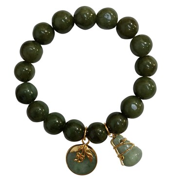 Jade Bracelet 9.80 mm Healing Energy Gem Bangle for Women Men Charms with Pendants Love Donut &amp; Gourd Lucky Money