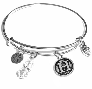 Hidden Hollow Beads Initial Expandable Wire Bangle Bracelet, in the Popular Style (H)