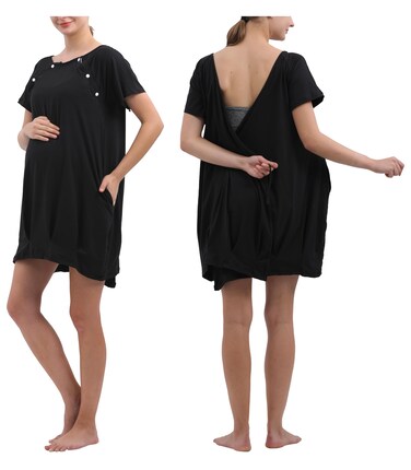 Labor and Delivery Gown for Hospital With Pockets Open Back Nursing Pajamas for Women Breastfeeding Maternity Nightgown (Black, Small)