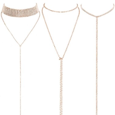 3 Pieces Layered Necklace Layered Choker Necklace Double Rhinestones Crystal Fashion Multilayered Long Choker Necklaces Rhinestone Jewelry Necklace Chains for Women and Girls (Gold)