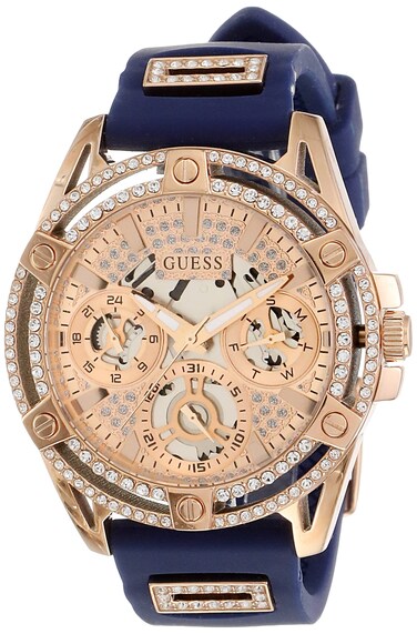 GUESS Ladies 40mm Watch - Blue Strap Rose Gold Dial Rose Gold Tone Case