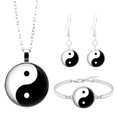 GANGYUN 4 Pcs/Set Yin Yang Puzzle Piece Star Moon Earrings Necklace Bracelet Sets for Women Men Adjustable Sunflower Lotus Flower Yoga Taiji Bagua BFF Jewelry (Black White)