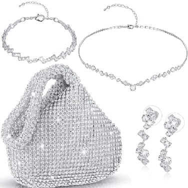 Ditard 4 Pieces Rhinestone Jewelry Set Women Clutch Purse for Prom Sets Wedding Bridal Bracelet Necklace Dangle Ear Clip Crystal Party (Sweet Style), Silver