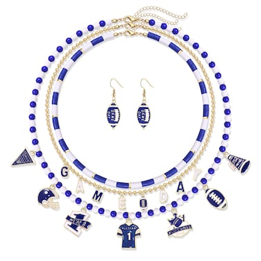 ZOLEAROPY Game Day Football Earrings Necklaces Football Charms Heishi Beaded Choker Necklace Football Earrings Football Mom Jewelry Set Accessories for Football Fan Gifts (blue white jewelry set)