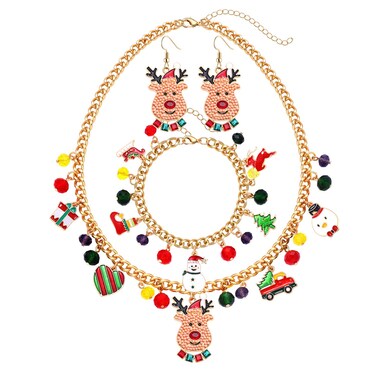 LENOOCLE Christmas jewelry Set X-mas Holiday Reindeer Drop Dangle Earrings Christmas Tree Snowman Boot Present Charms Beaded Necklace Bracelet Festive Holiday Jewelry Gift for Women